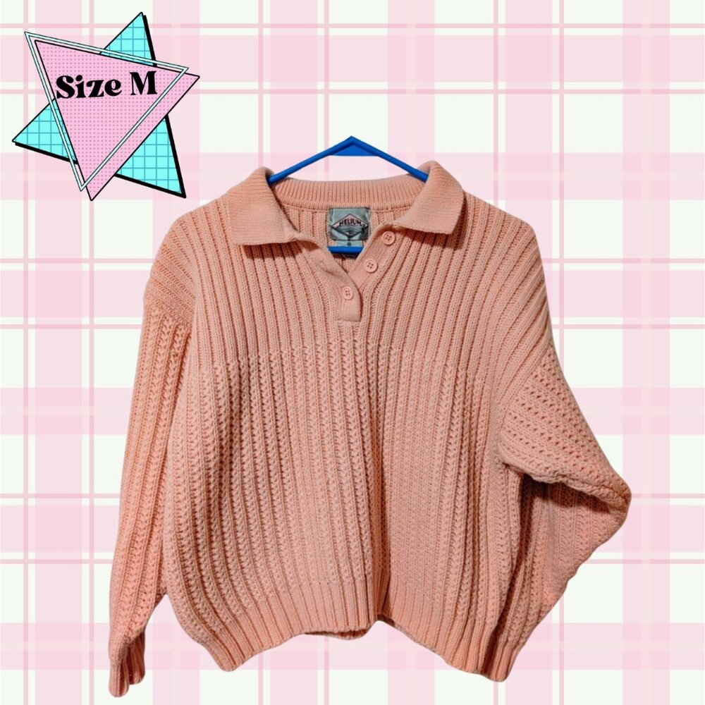 Vintage 80s Helium Ribbed Knit Polo Sweater Pink Pastel Slouchy Grandpa Core - M